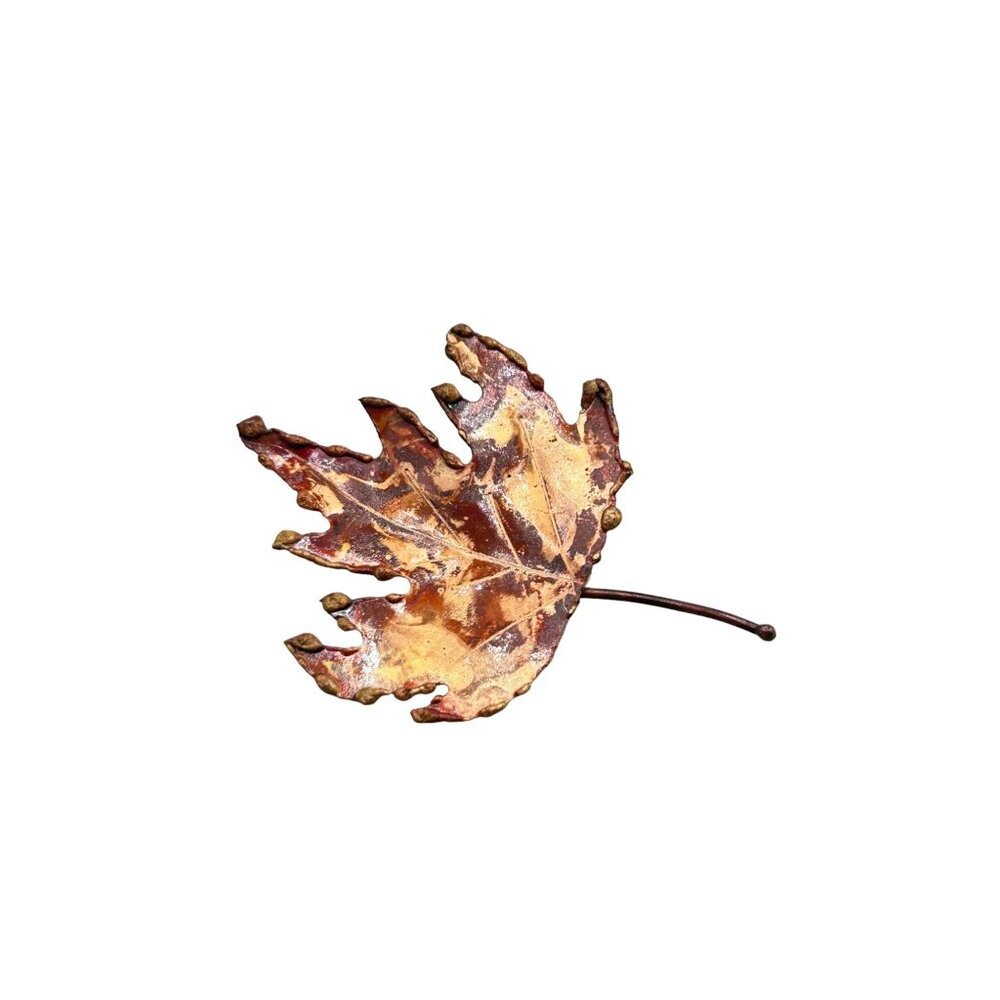 Vintage Brutalist Brass Pin Brooch Maple Leaf Shaped Handcrafted 70s Jewelry